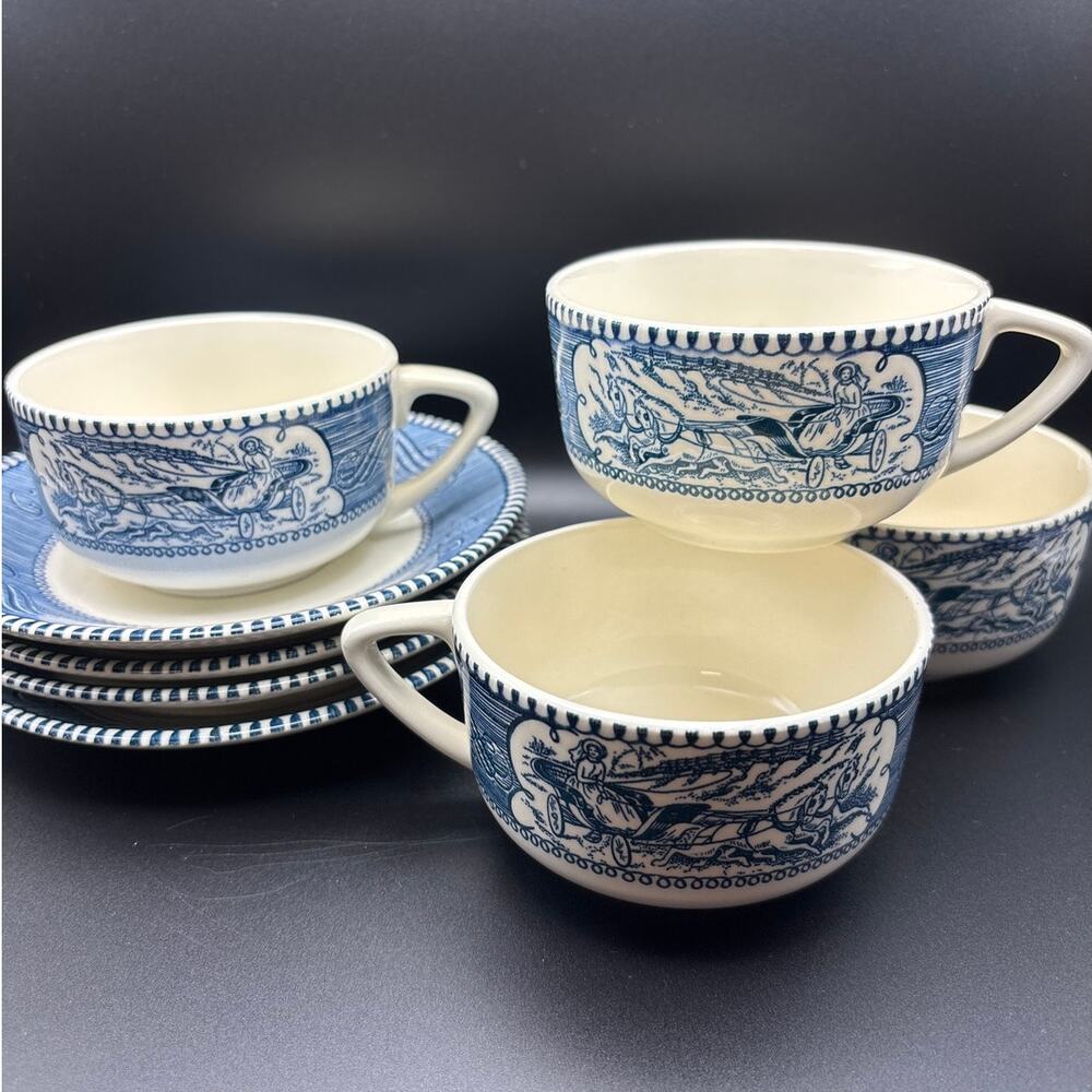 Vintage Currier and Ives Blue by Royal USA Cup/Teacup & Saucer 1950s Set of 4